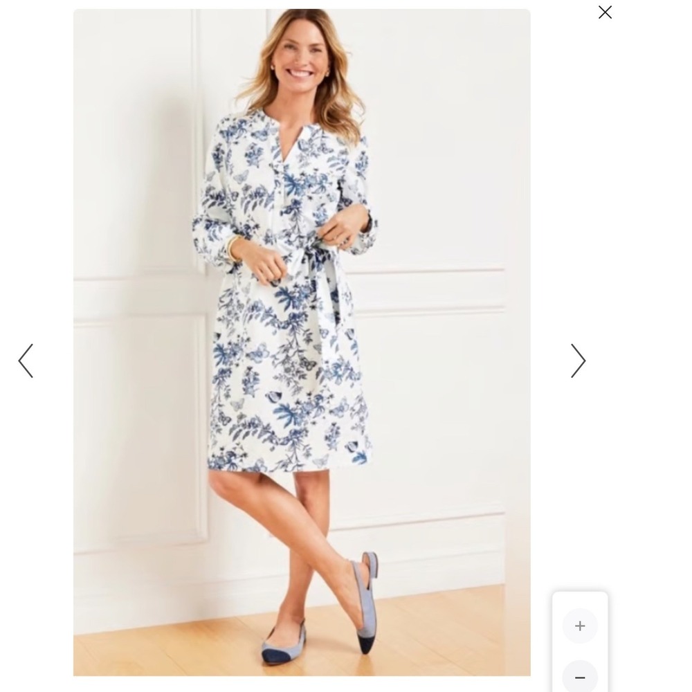 Talbots Womens Cotton Poplin Dress XL White Navy Blue Butterfly Floral Toile